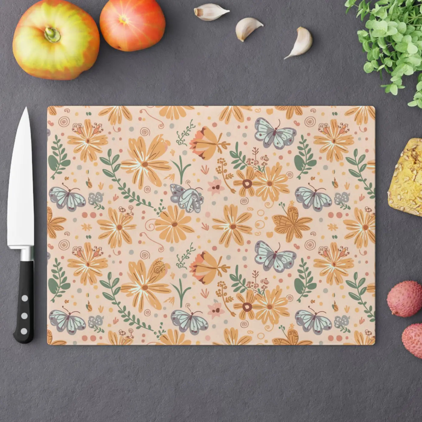 Floral Orange Cutting Board - Tempered Glass Construction - DipaliZ