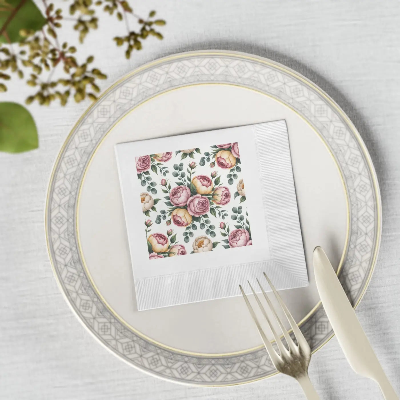Floral Print Cocktail Napkins - Elegant White Dinner Party - DipaliZ