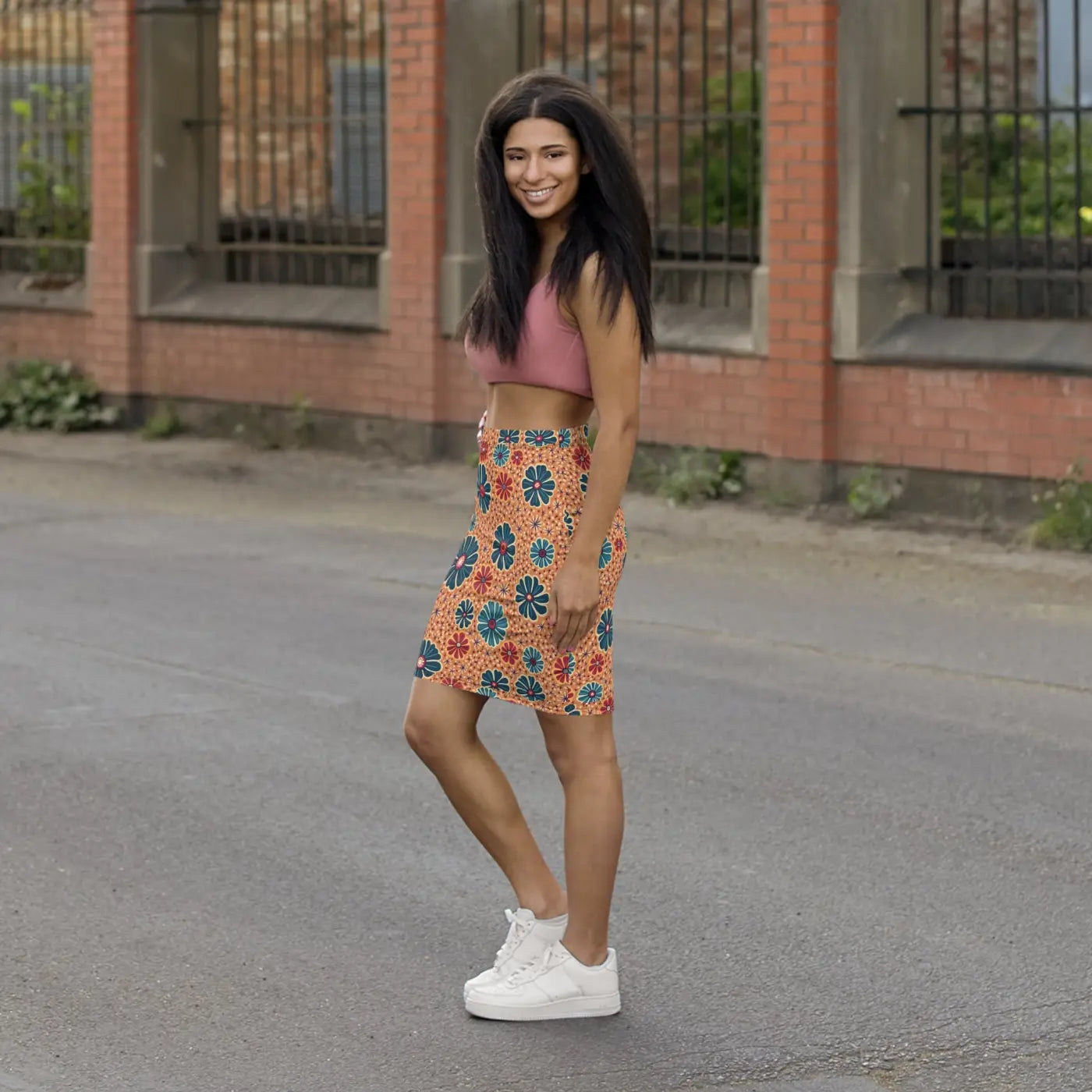 Vibrant Floral Print Pencil Skirt - Mid-Waist Office Wear - DipaliZ