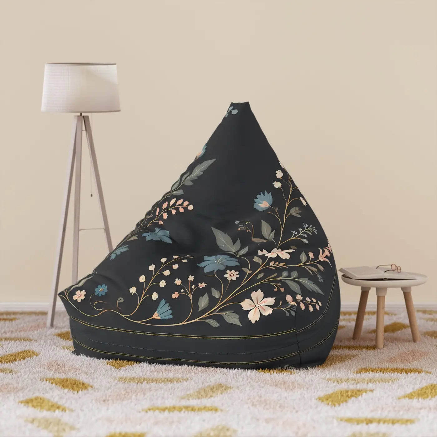 Black Bean Bag Chair Cover - Stunning Floral Vines Design - DipaliZ