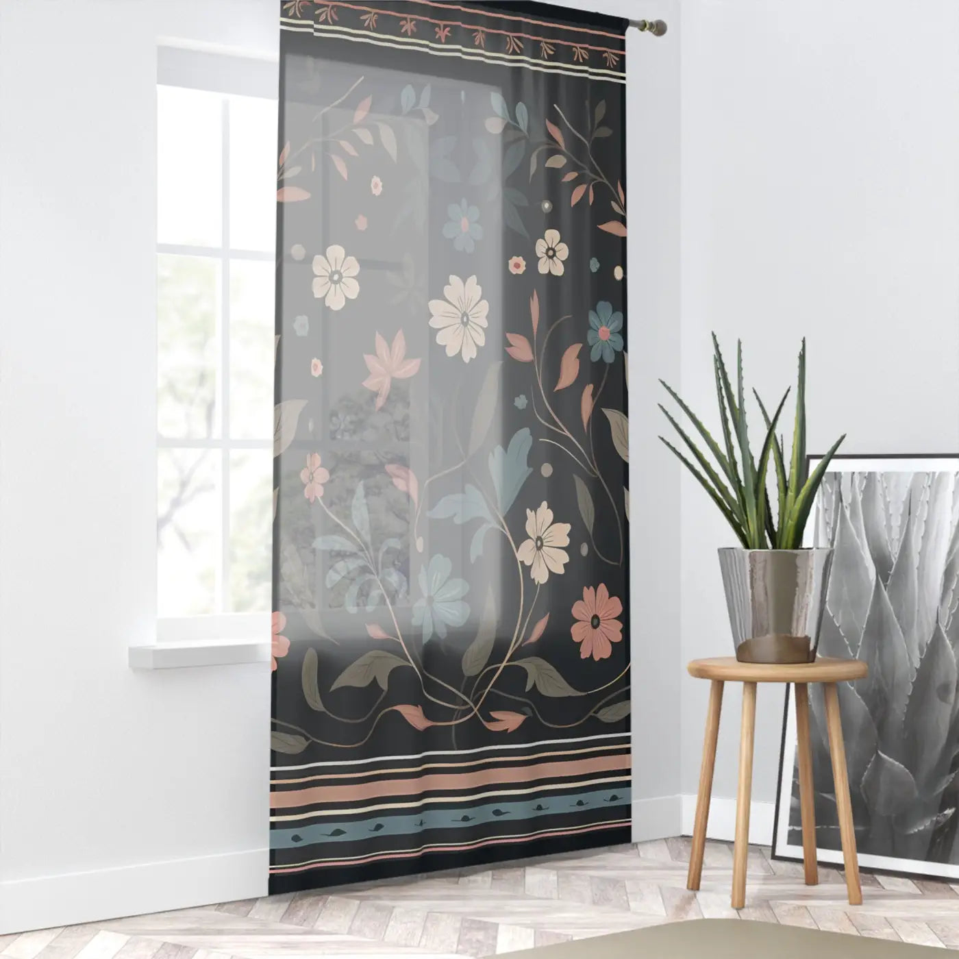 Floral Vines Window Curtain - Mysterious Black Background - DipaliZ