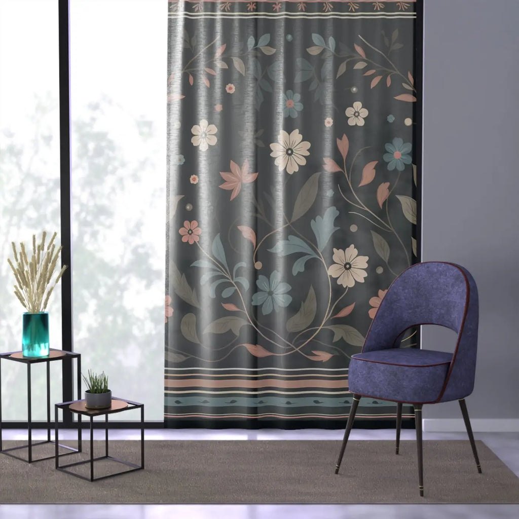 Floral Vines Window Curtain - Mysterious Black Background - DipaliZ