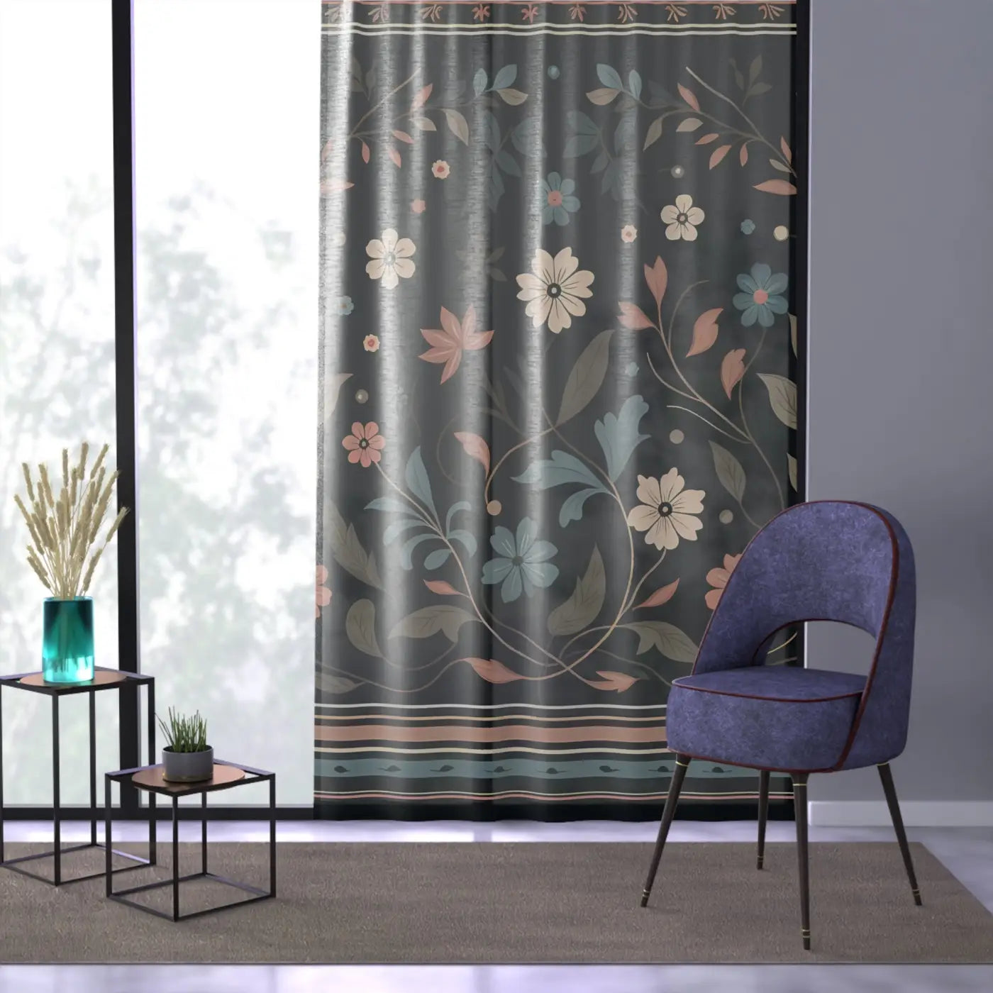 Floral Vines Window Curtain - Mysterious Black Background - DipaliZ