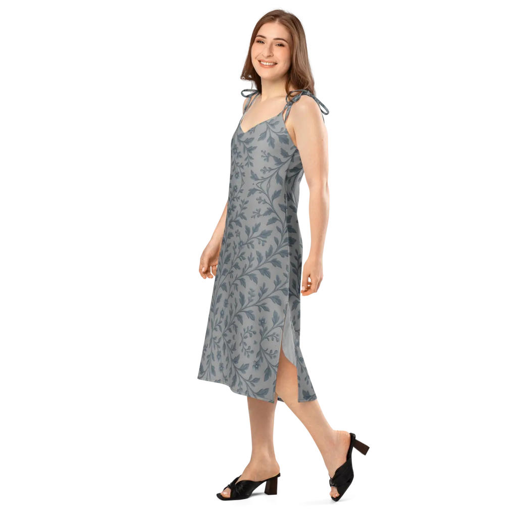 Floral Vines Midi Dress - Bluish Grey Romantic Style - DipaliZ