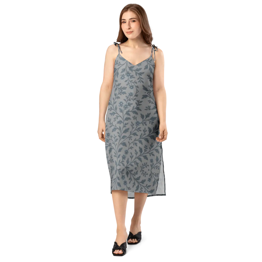 Floral Vines Midi Dress - Bluish Grey Romantic Style - DipaliZ