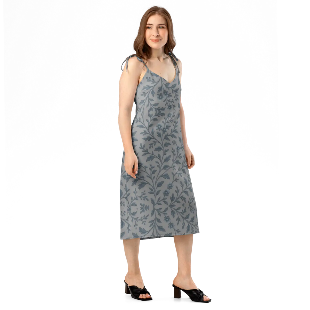Floral Vines Midi Dress - Bluish Grey Romantic Style - DipaliZ