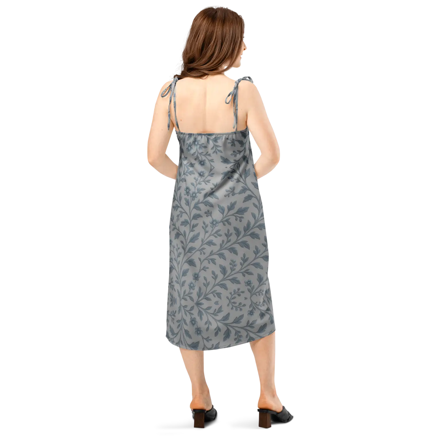 Floral Vines Midi Dress - Bluish Grey Romantic Style - DipaliZ