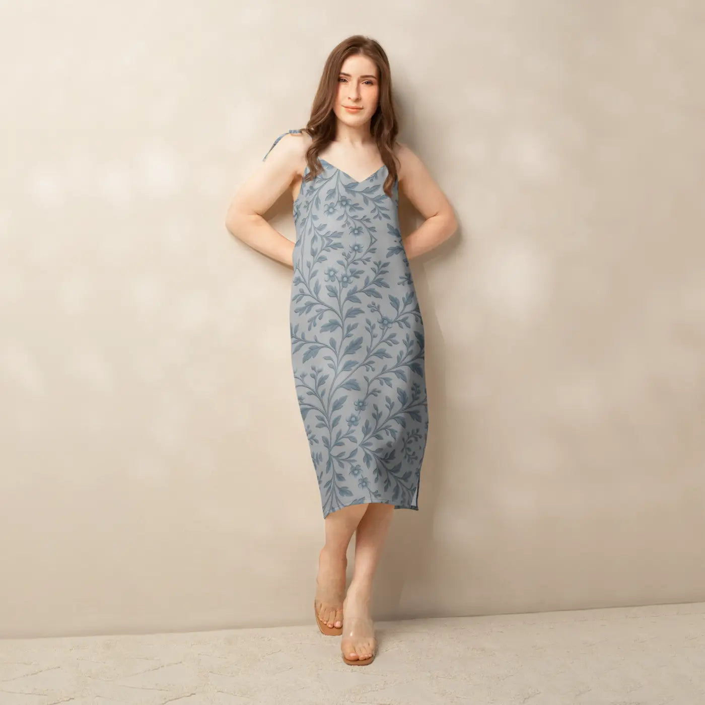 Floral Vines Midi Dress - Bluish Grey Romantic Style - DipaliZ