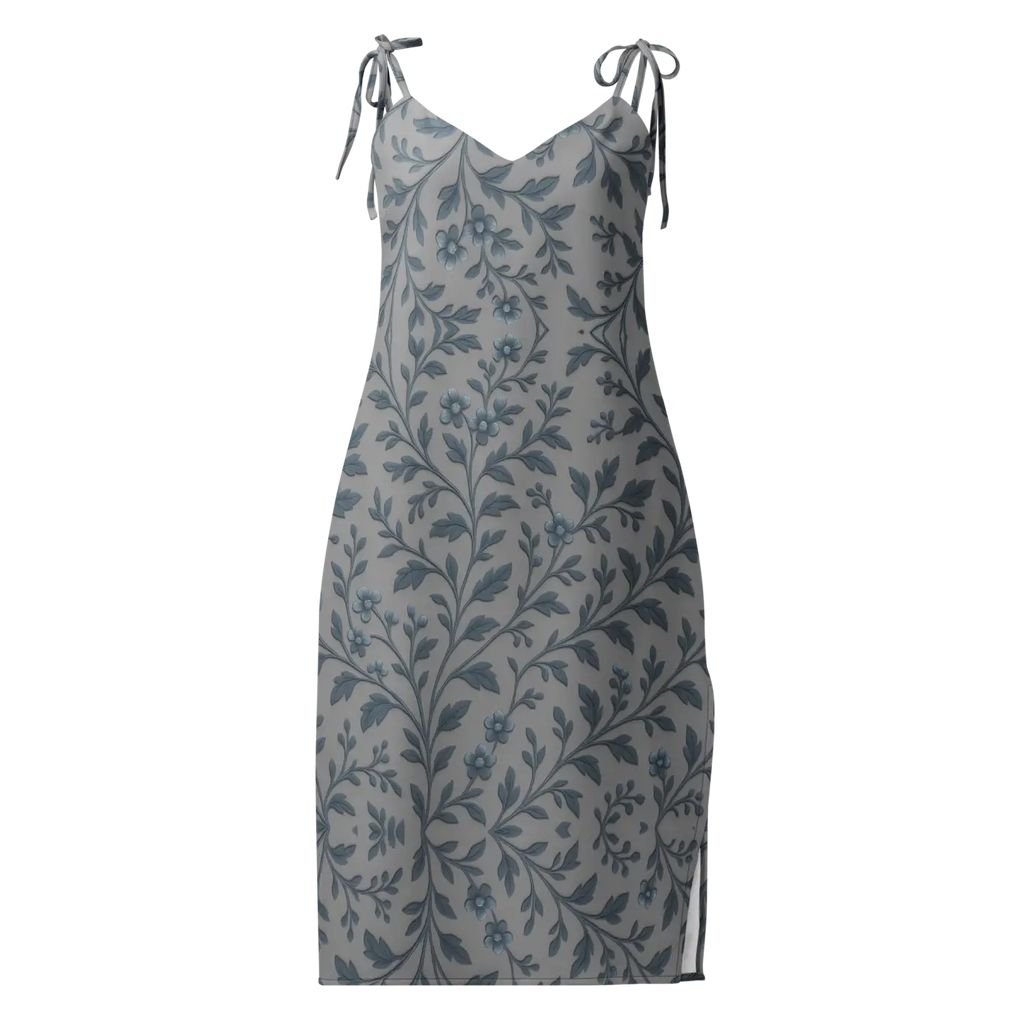 Floral Vines Midi Dress - Bluish Grey Romantic Style - DipaliZ