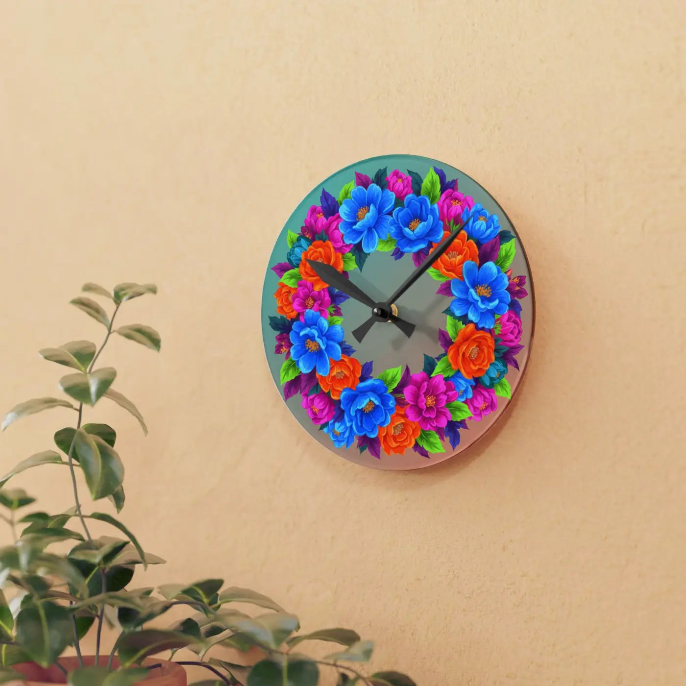 Vibrant Blue Floral Wreath Acrylic Wall Clock - DipaliZ