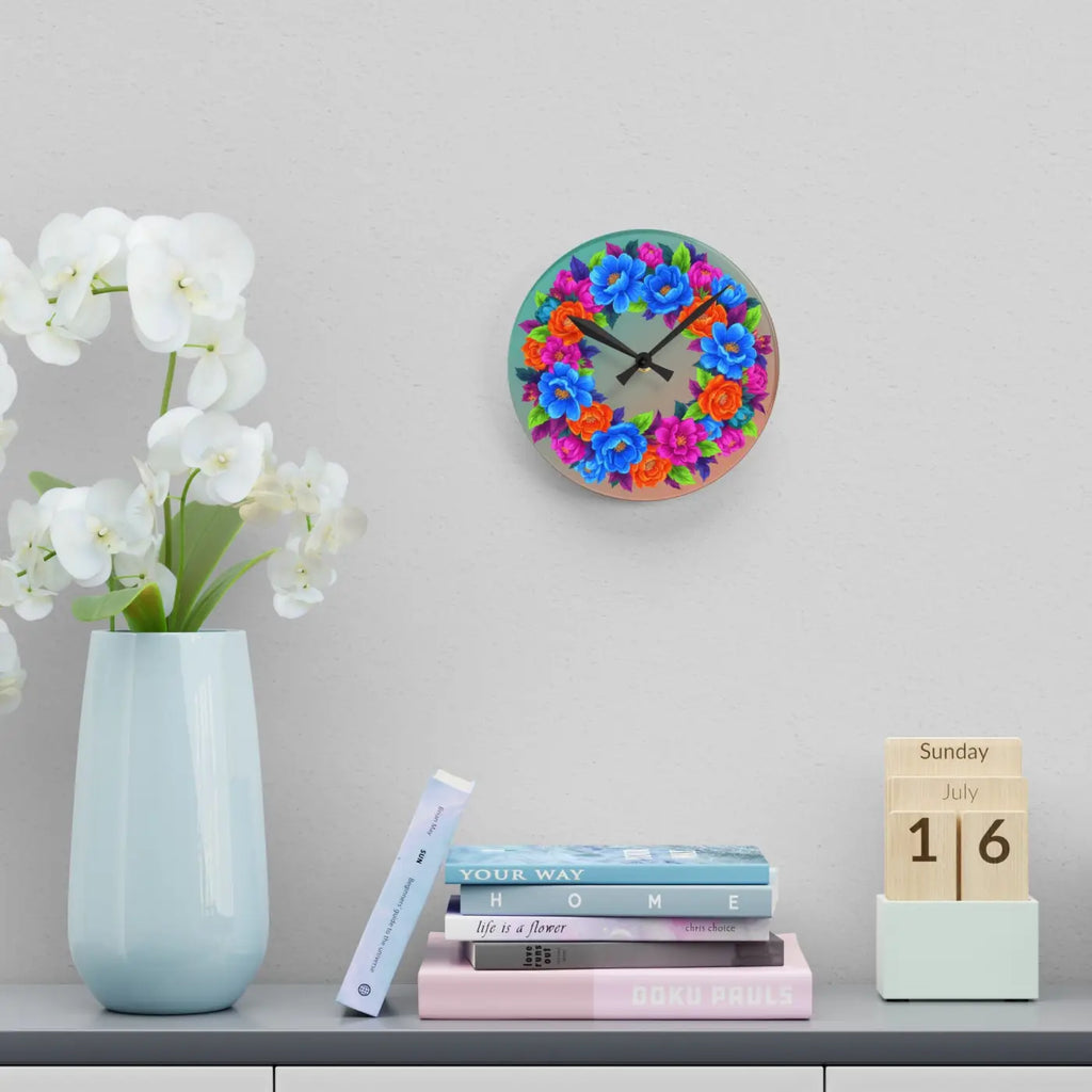 Vibrant Blue Floral Wreath Acrylic Wall Clock - DipaliZ