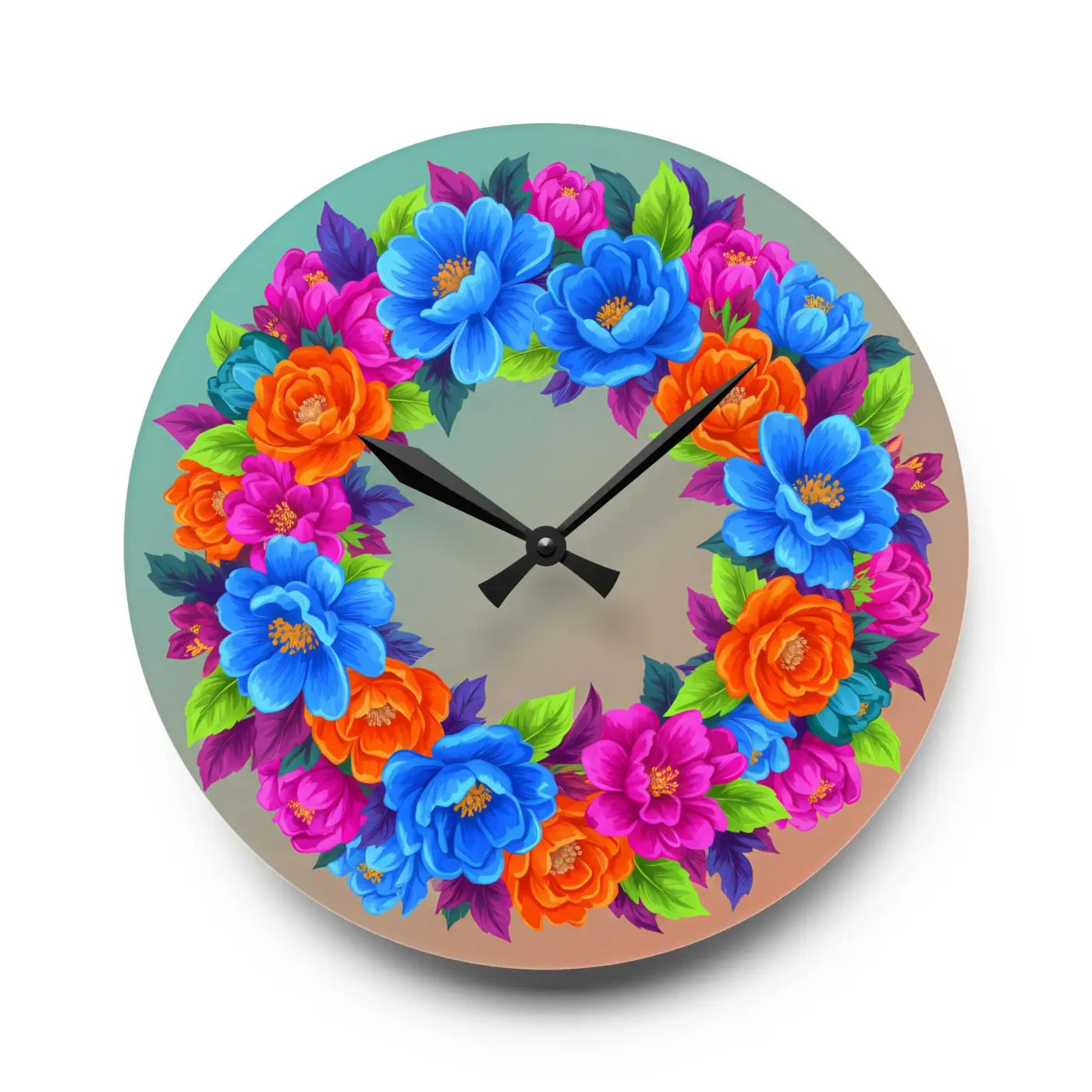 Vibrant Blue Floral Wreath Acrylic Wall Clock - DipaliZ