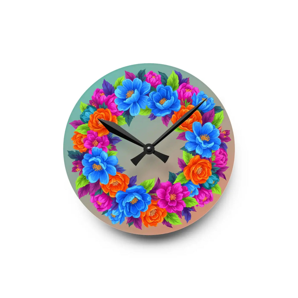 Vibrant Blue Floral Wreath Acrylic Wall Clock - DipaliZ