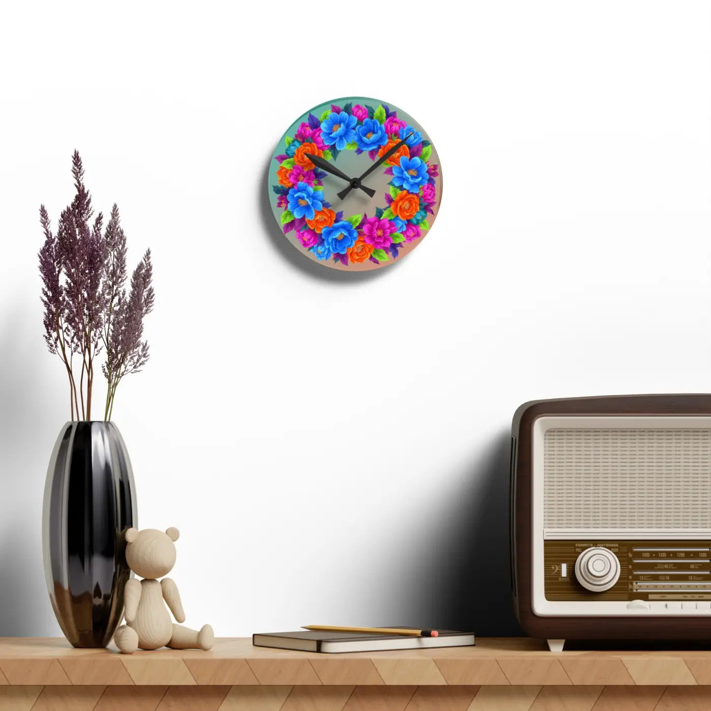 Vibrant Blue Floral Wreath Acrylic Wall Clock - DipaliZ