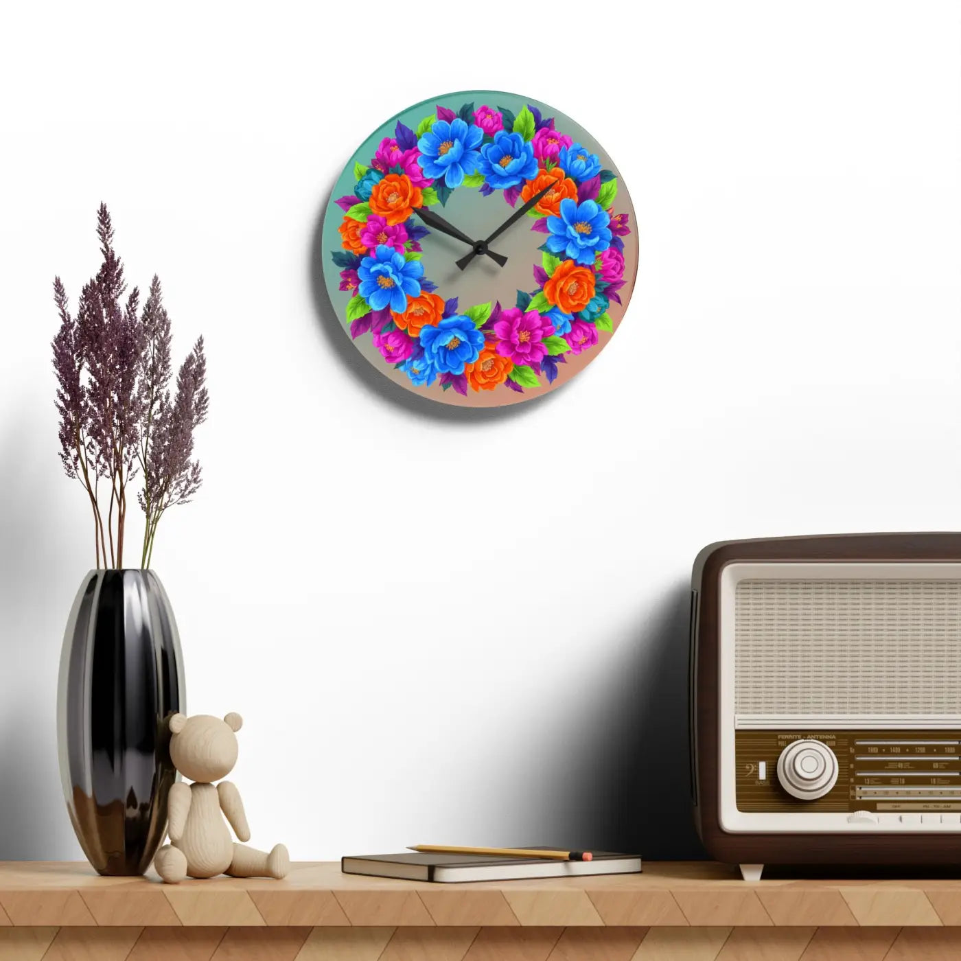 Vibrant Blue Floral Wreath Acrylic Wall Clock - DipaliZ