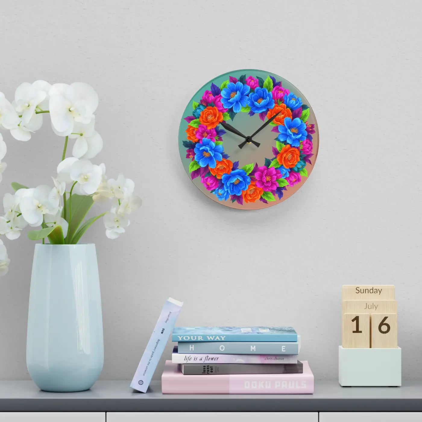 Vibrant Blue Floral Wreath Acrylic Wall Clock - DipaliZ