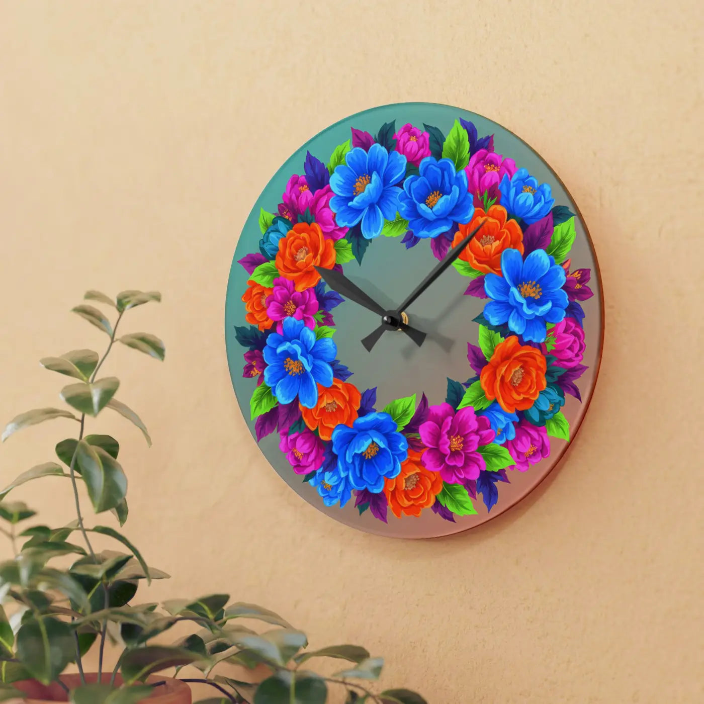 Vibrant Blue Floral Wreath Acrylic Wall Clock - DipaliZ