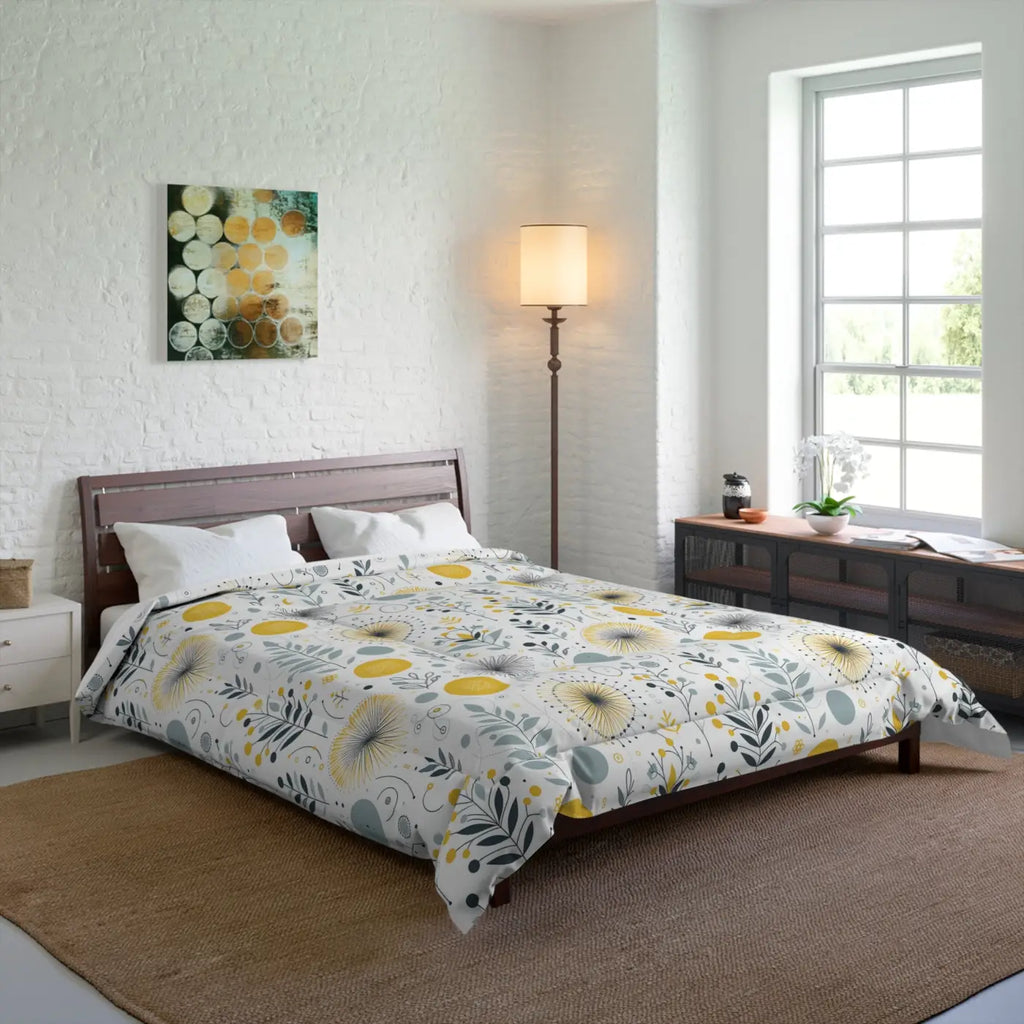 Grey Pattern Comforter - Floral Yellow Bedspread Design - DipaliZ