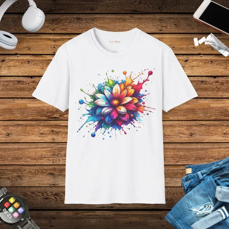 Color Burst Softstyle Tee - Vibrant Flower Splash Design - DipaliZ