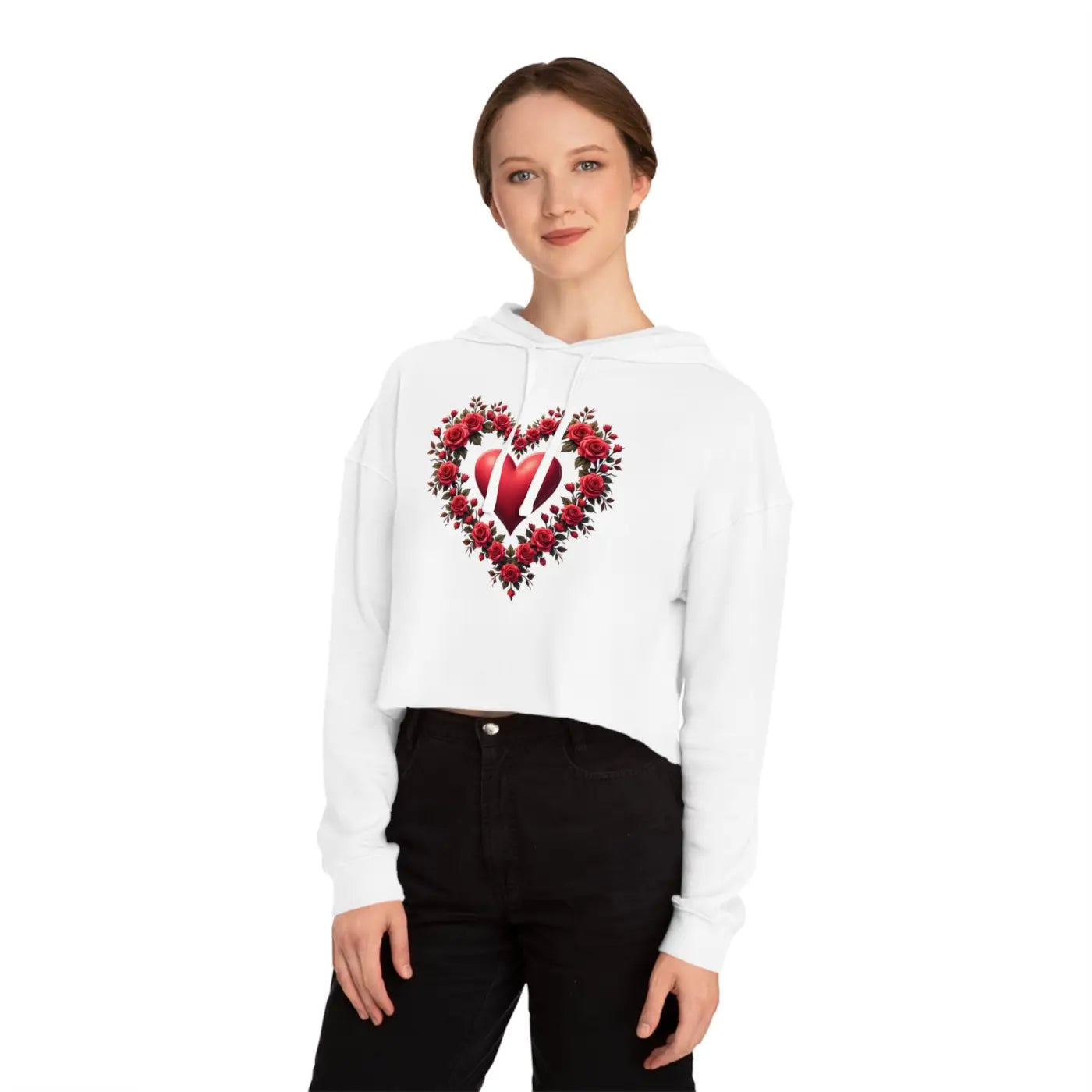 Cropped Hooded Sweatshirt - Floral Hearts Design - DipaliZ