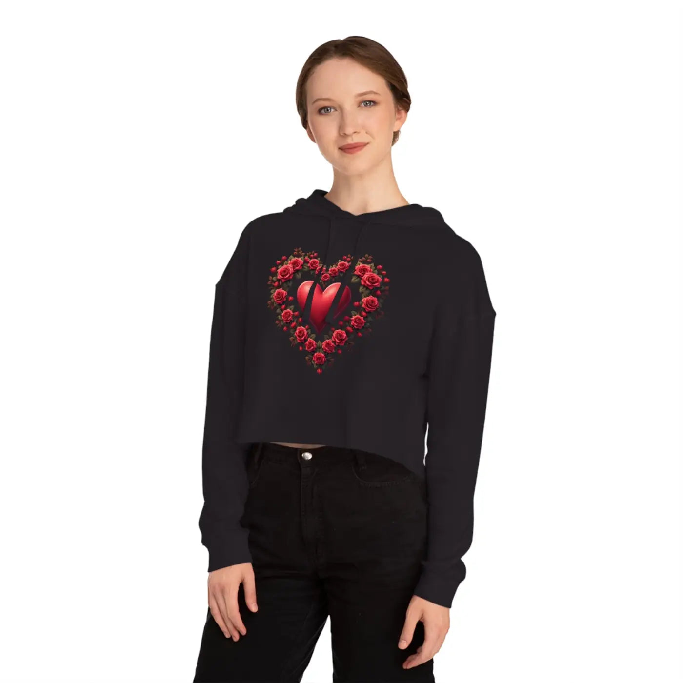 Cropped Hooded Sweatshirt - Floral Hearts Design - DipaliZ