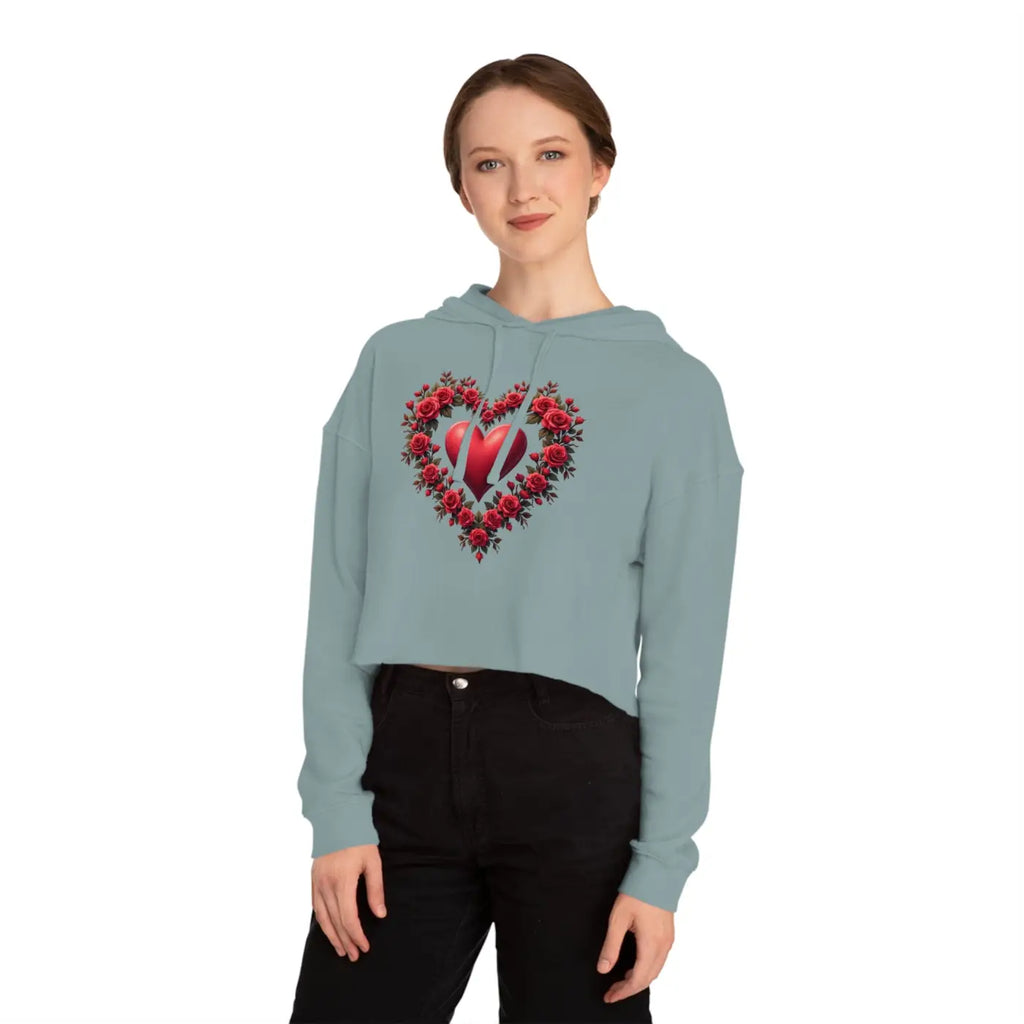 Cropped Hooded Sweatshirt - Floral Hearts Design - DipaliZ