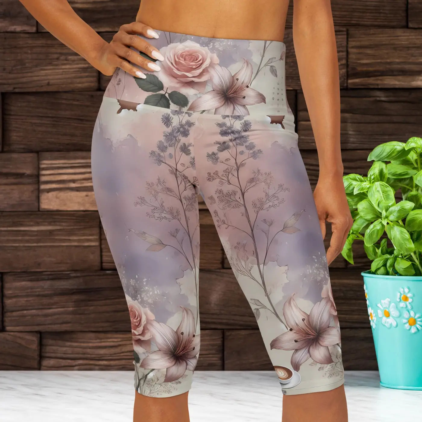 Comfort Yoga Capri Leggings - Flower Design Activewear - DipaliZ