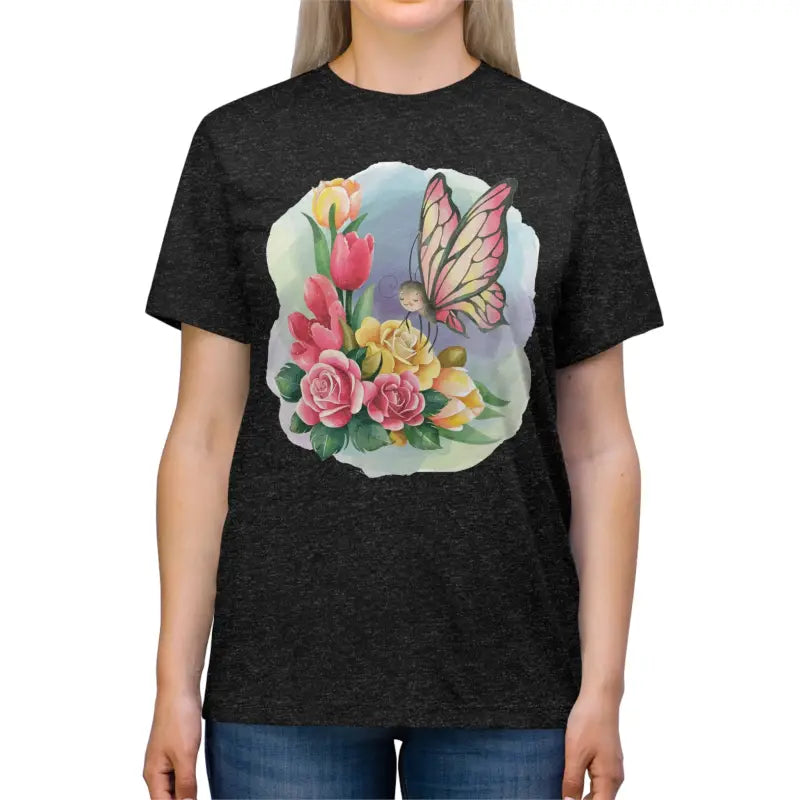 Triblend Tee - Butterfly With Spring Flowers Eco-Friendly - DipaliZ