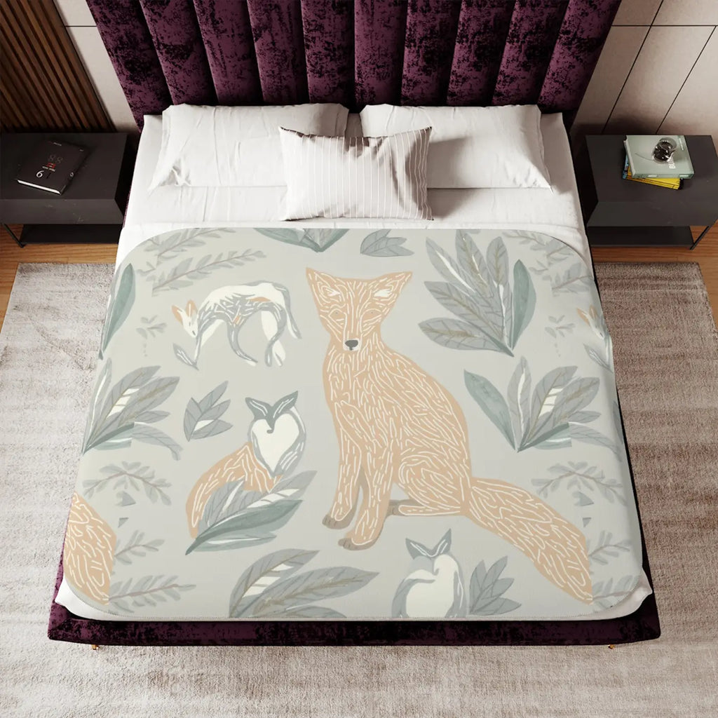 Fox Sherpa Blanket - Cozy Forest Evening Throw - DipaliZ