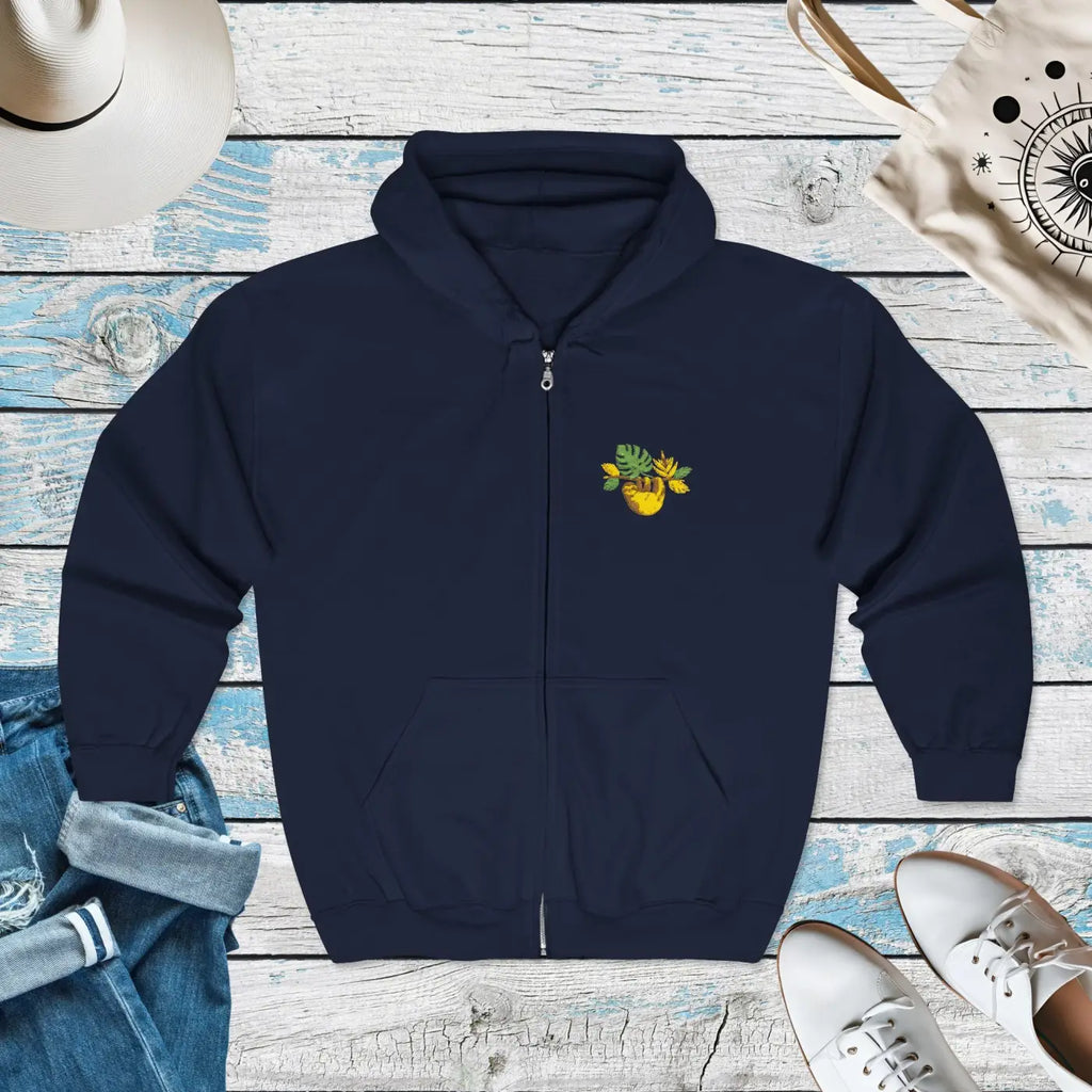 Full-Zip Hoodie - Hand-Embroidered Sloth Detail - DipaliZ