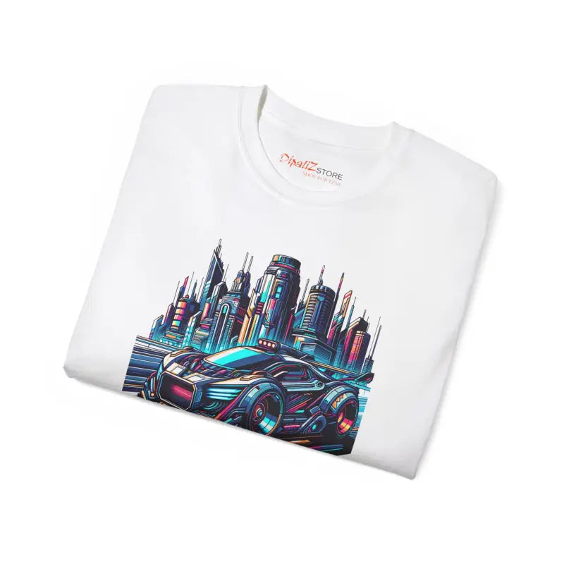 Eco-Friendly Cotton Tee - Car in Futuristic City - DipaliZ