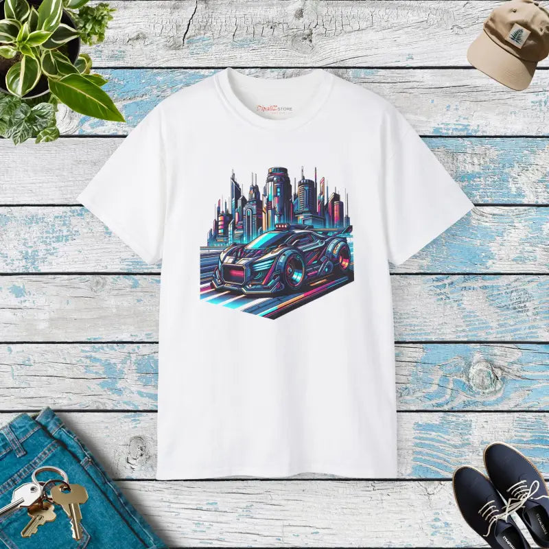 Eco-Friendly Cotton Tee - Car in Futuristic City - DipaliZ
