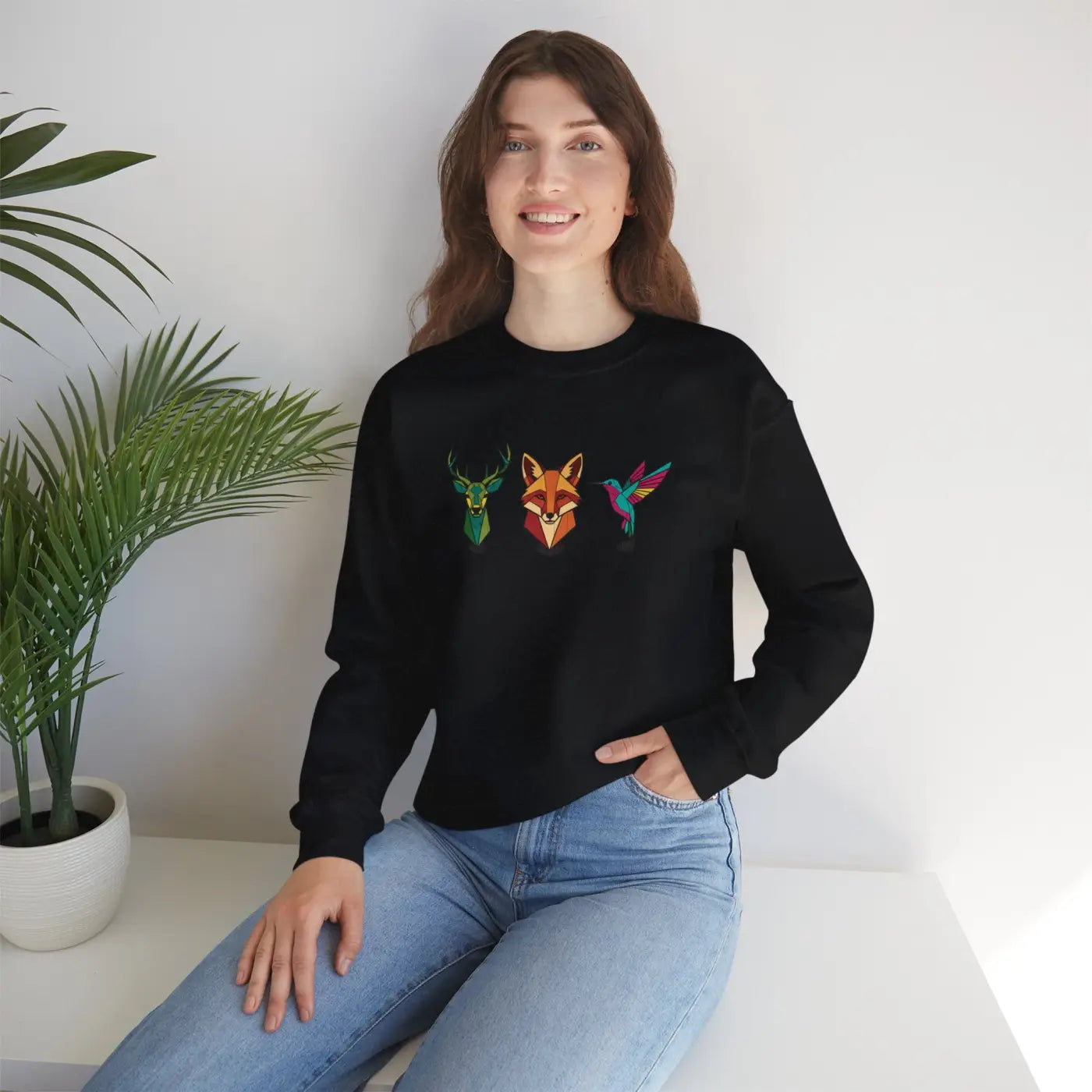 Geometric Forest Trio Sweatshirt - Woodland Wildlife Design - DipaliZ