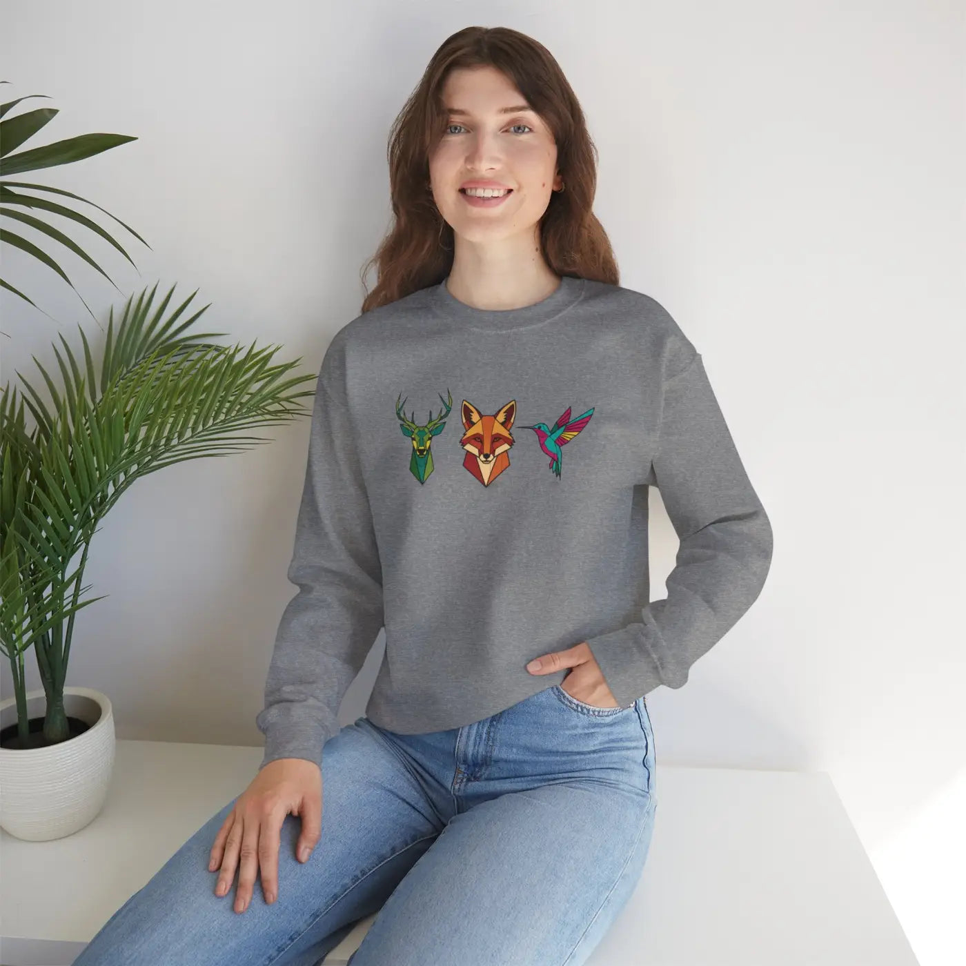 Geometric Forest Trio Sweatshirt - Woodland Wildlife Design - DipaliZ