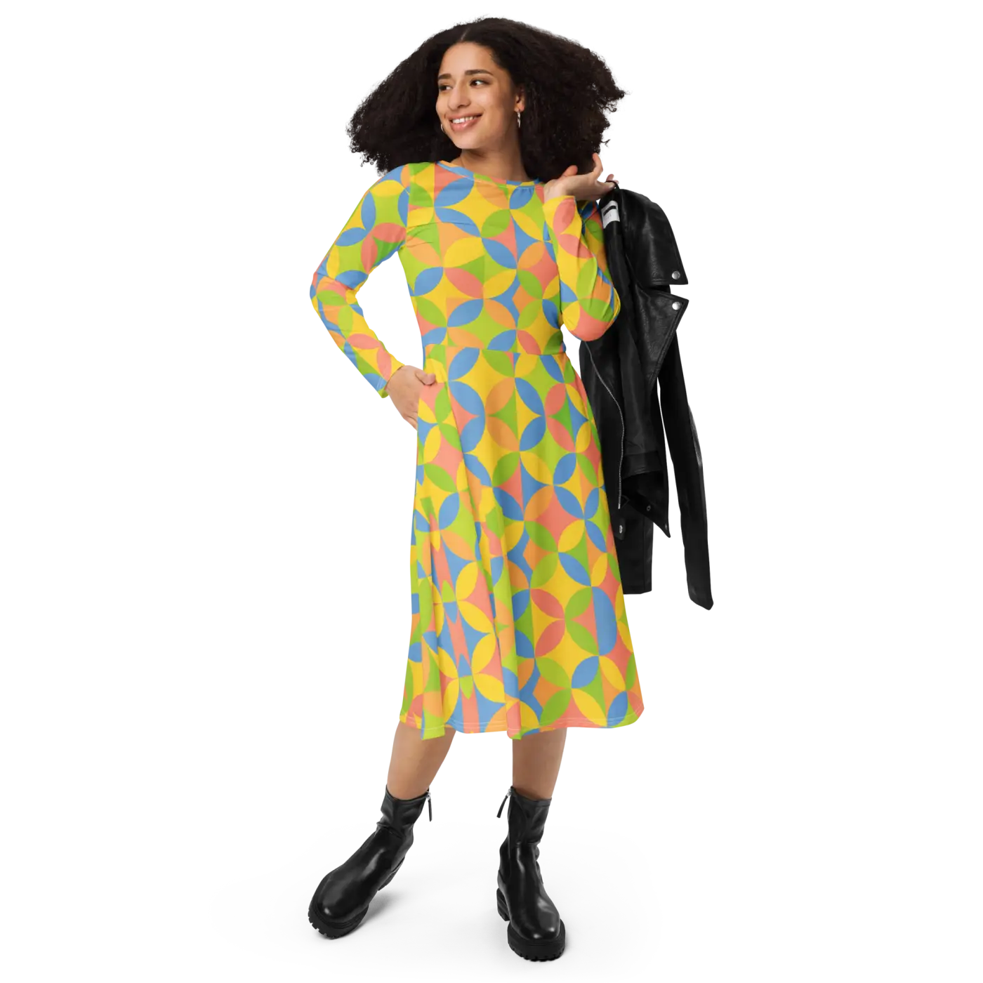 Geometric Pattern Print Long Sleeve Midi Dress - DipaliZ