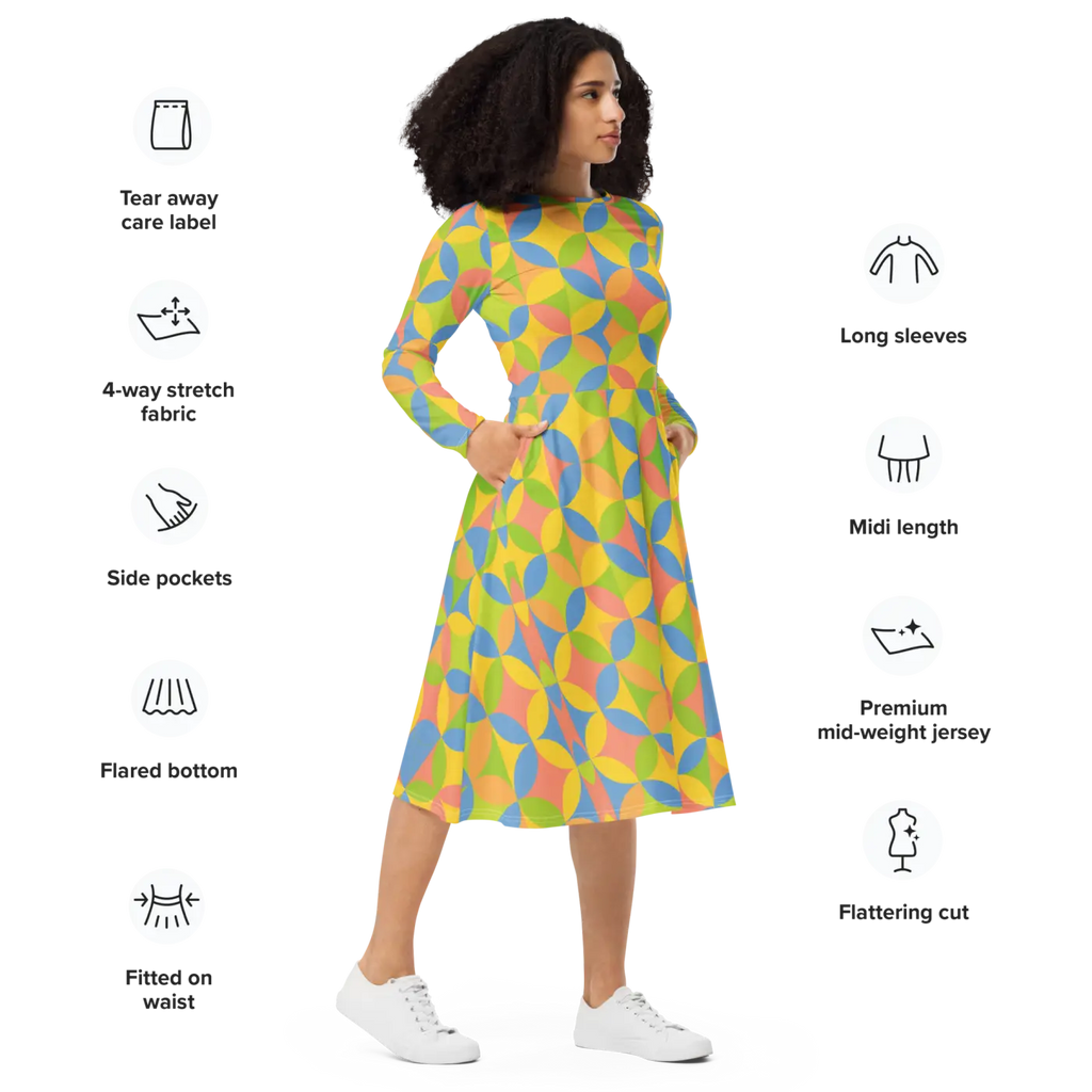 Geometric Pattern Print Long Sleeve Midi Dress - DipaliZ