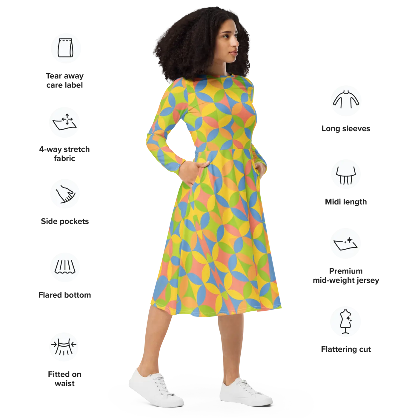 Geometric Pattern Print Long Sleeve Midi Dress - DipaliZ