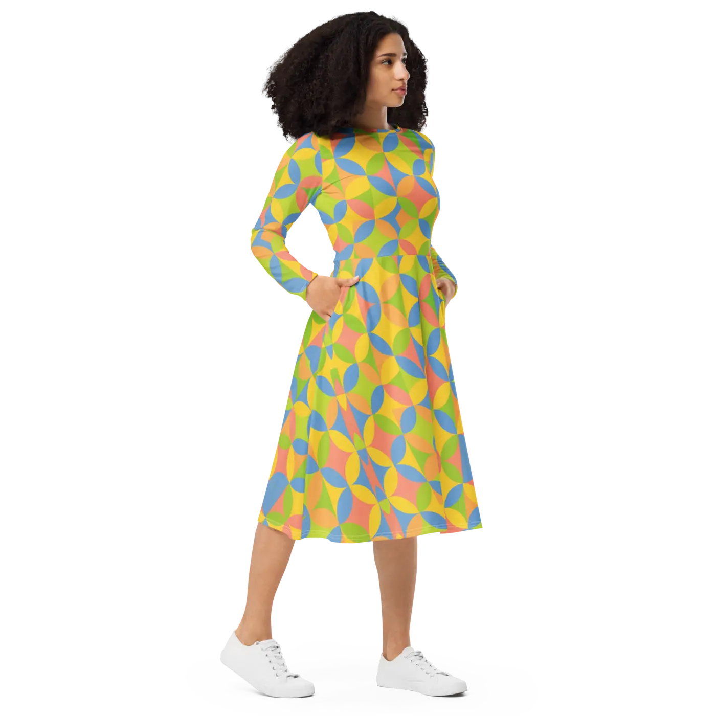 Geometric Pattern Print Long Sleeve Midi Dress - DipaliZ
