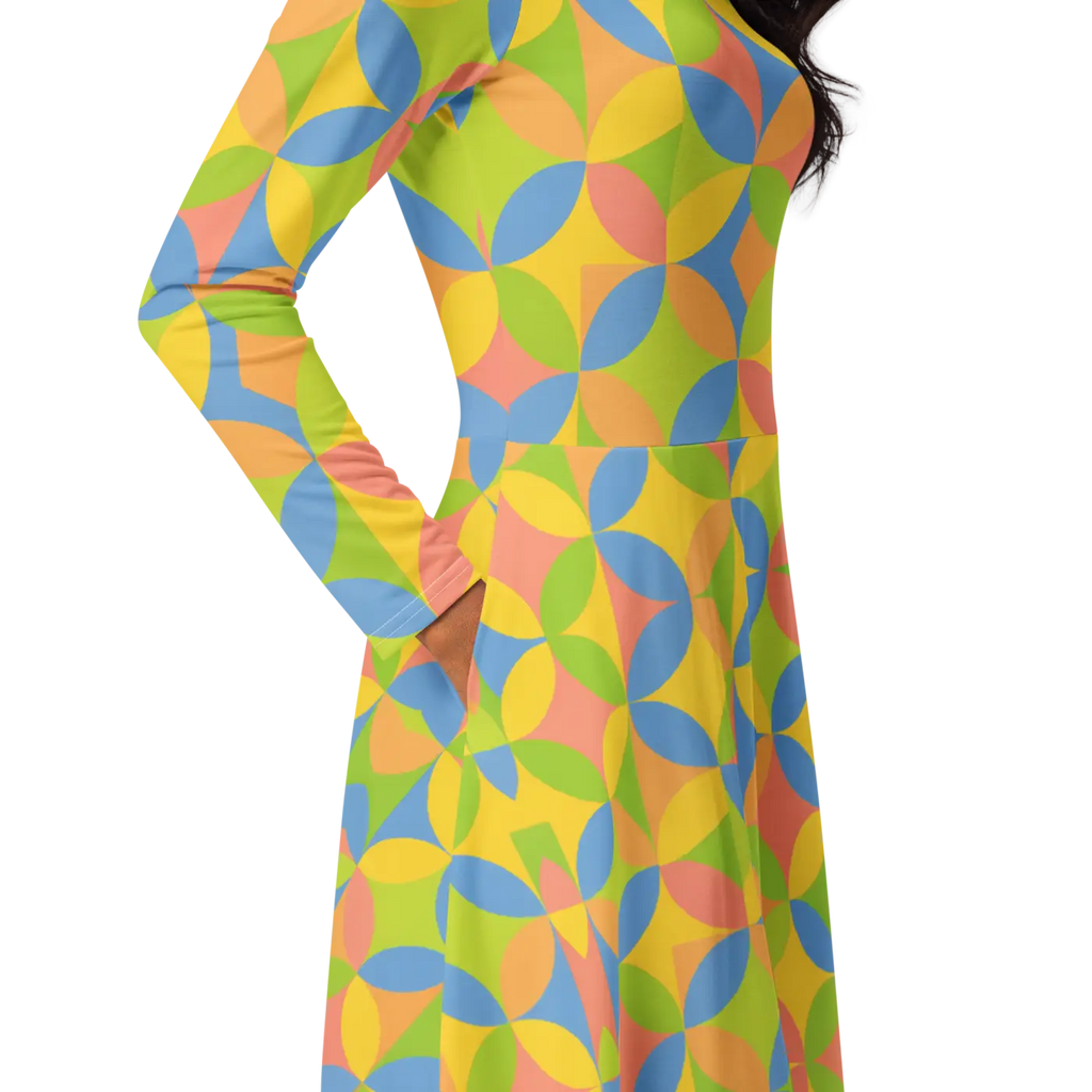 Geometric Pattern Print Long Sleeve Midi Dress - DipaliZ