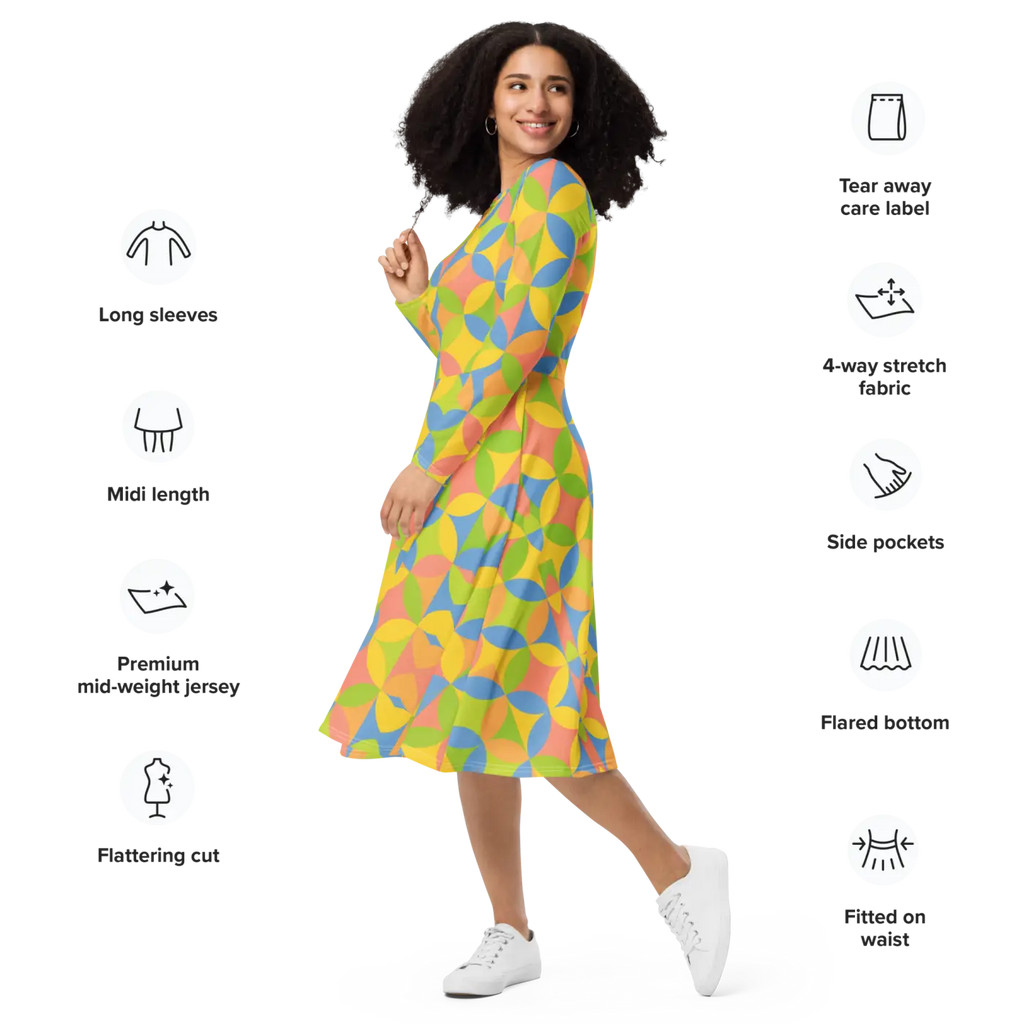 Geometric Pattern Print Long Sleeve Midi Dress - DipaliZ
