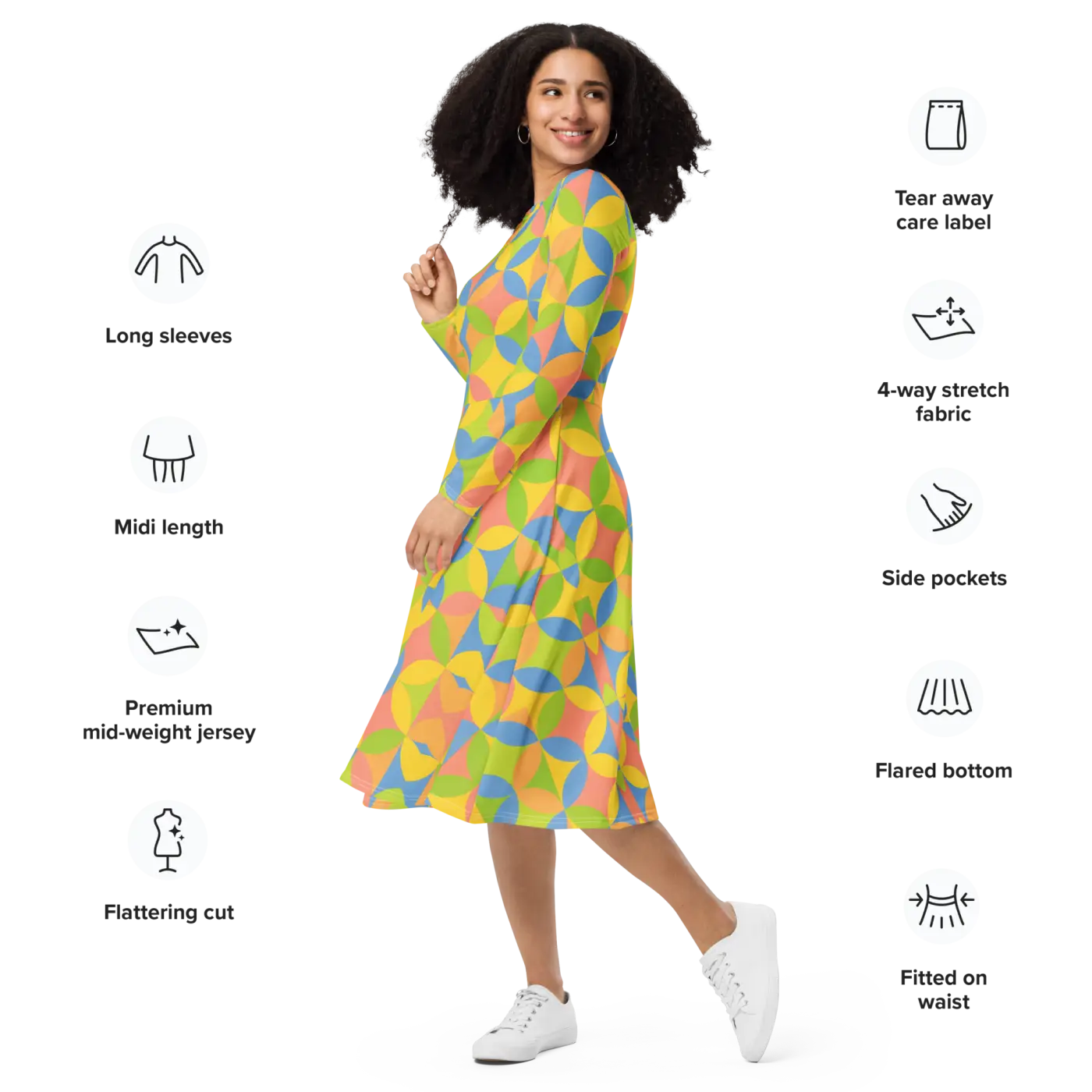 Geometric Pattern Print Long Sleeve Midi Dress - DipaliZ