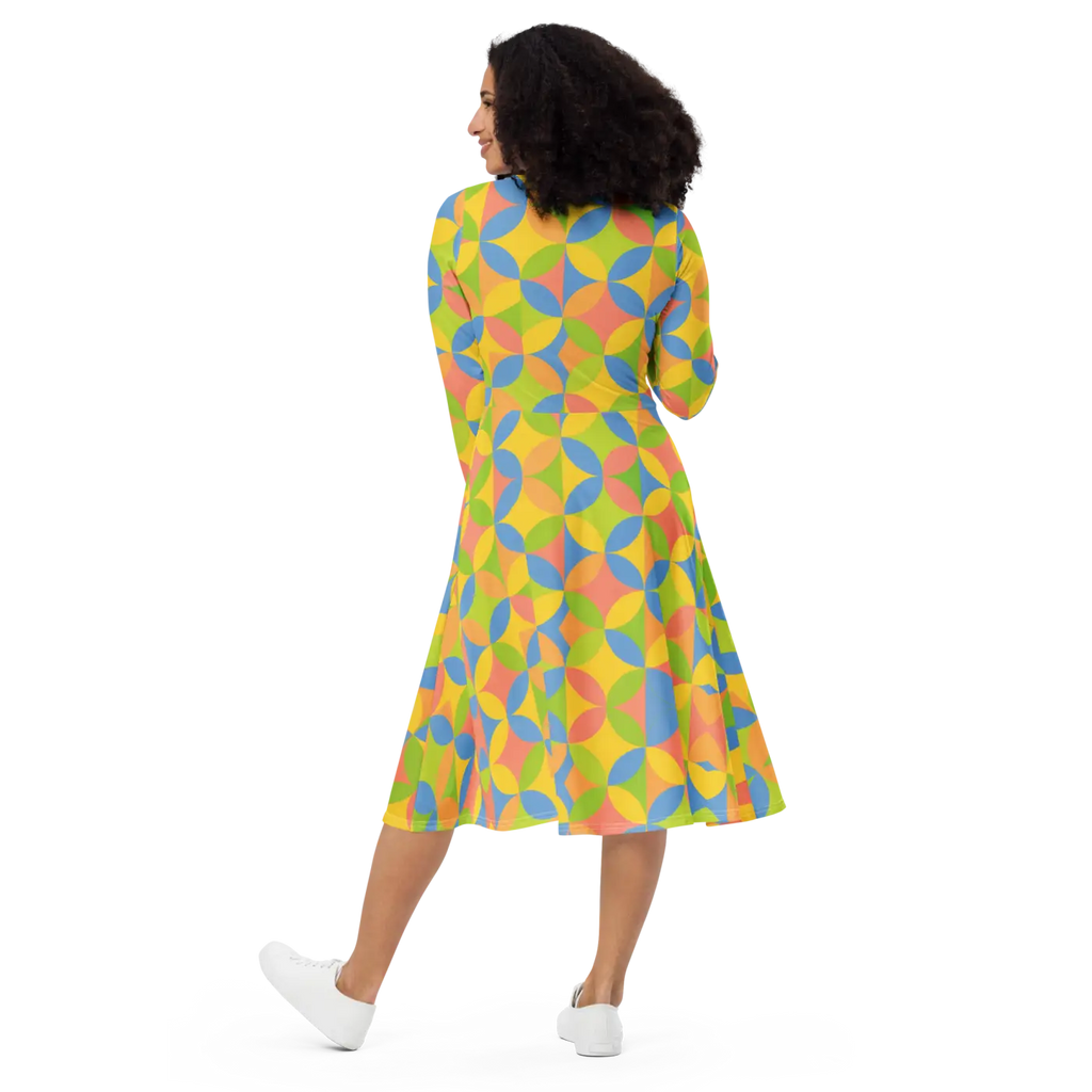 Geometric Pattern Print Long Sleeve Midi Dress - DipaliZ