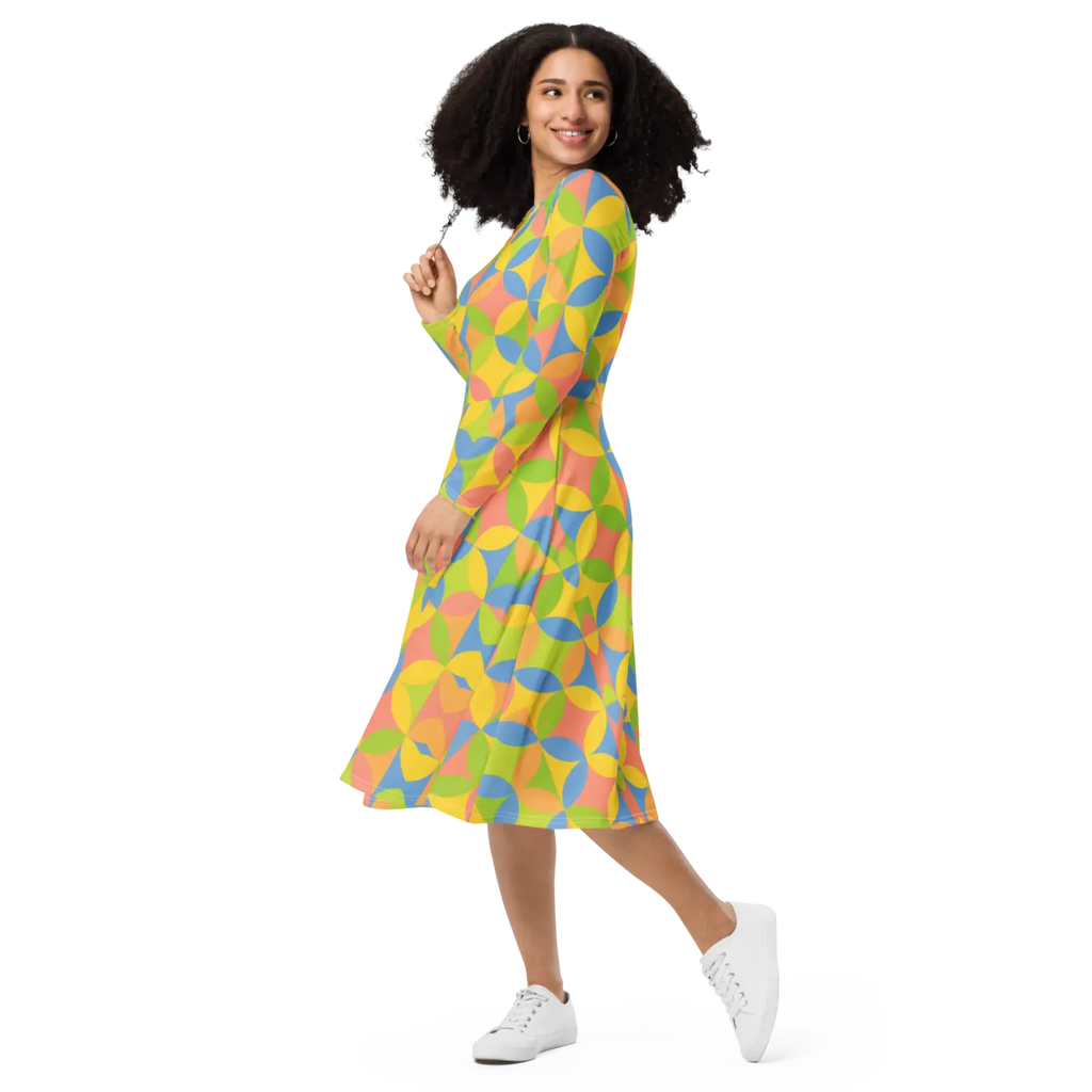 Geometric Pattern Print Long Sleeve Midi Dress - DipaliZ
