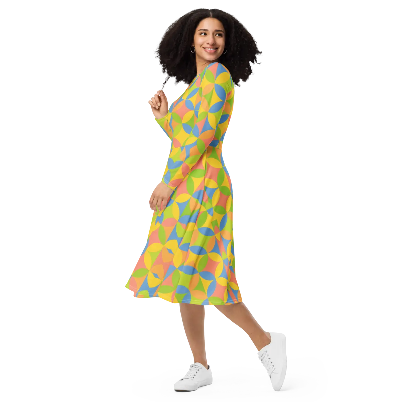 Geometric Pattern Print Long Sleeve Midi Dress - DipaliZ