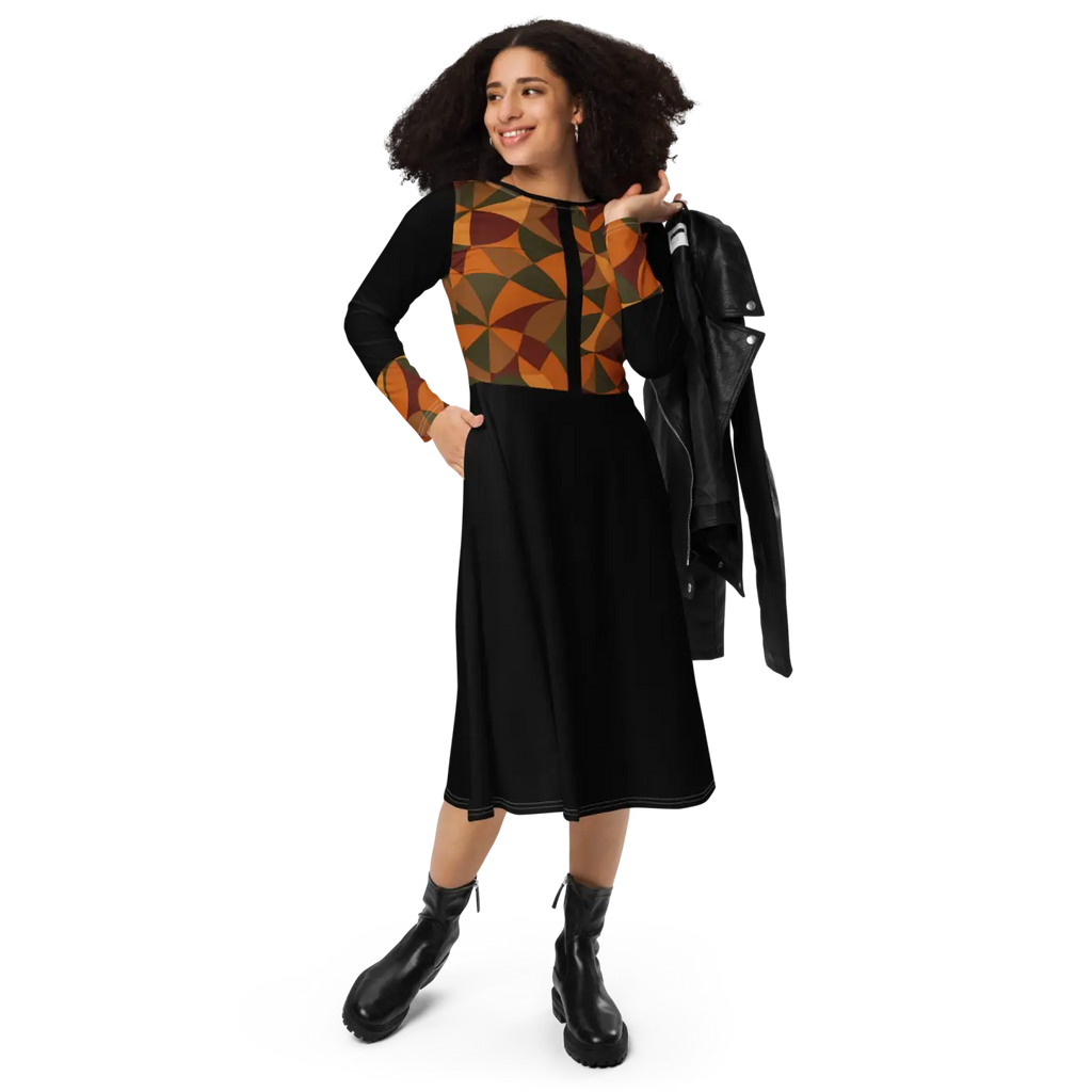 Geometric Pattern Midi Dress - Flattering Silhouette - DipaliZ