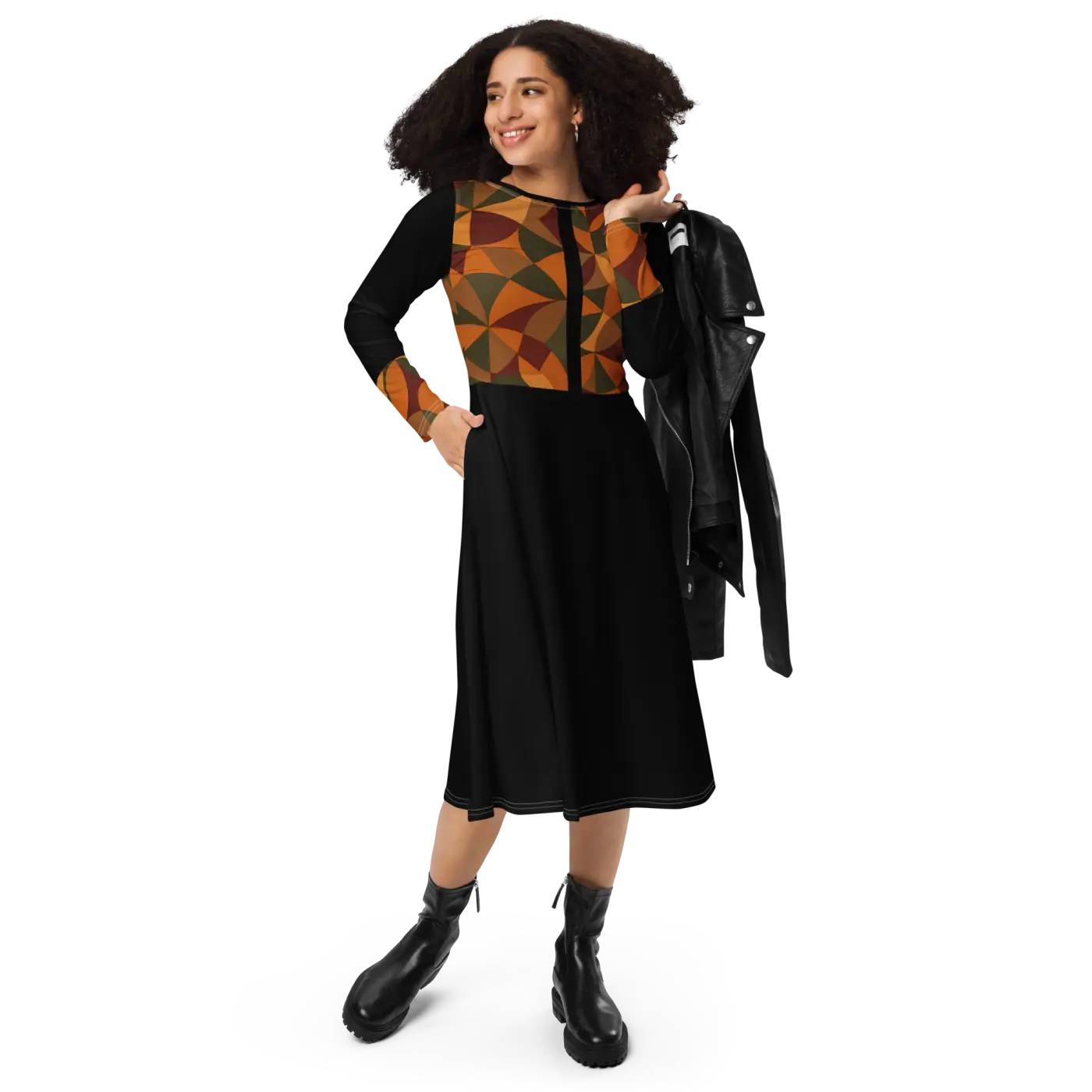 Geometric Pattern Midi Dress - Flattering Silhouette - DipaliZ