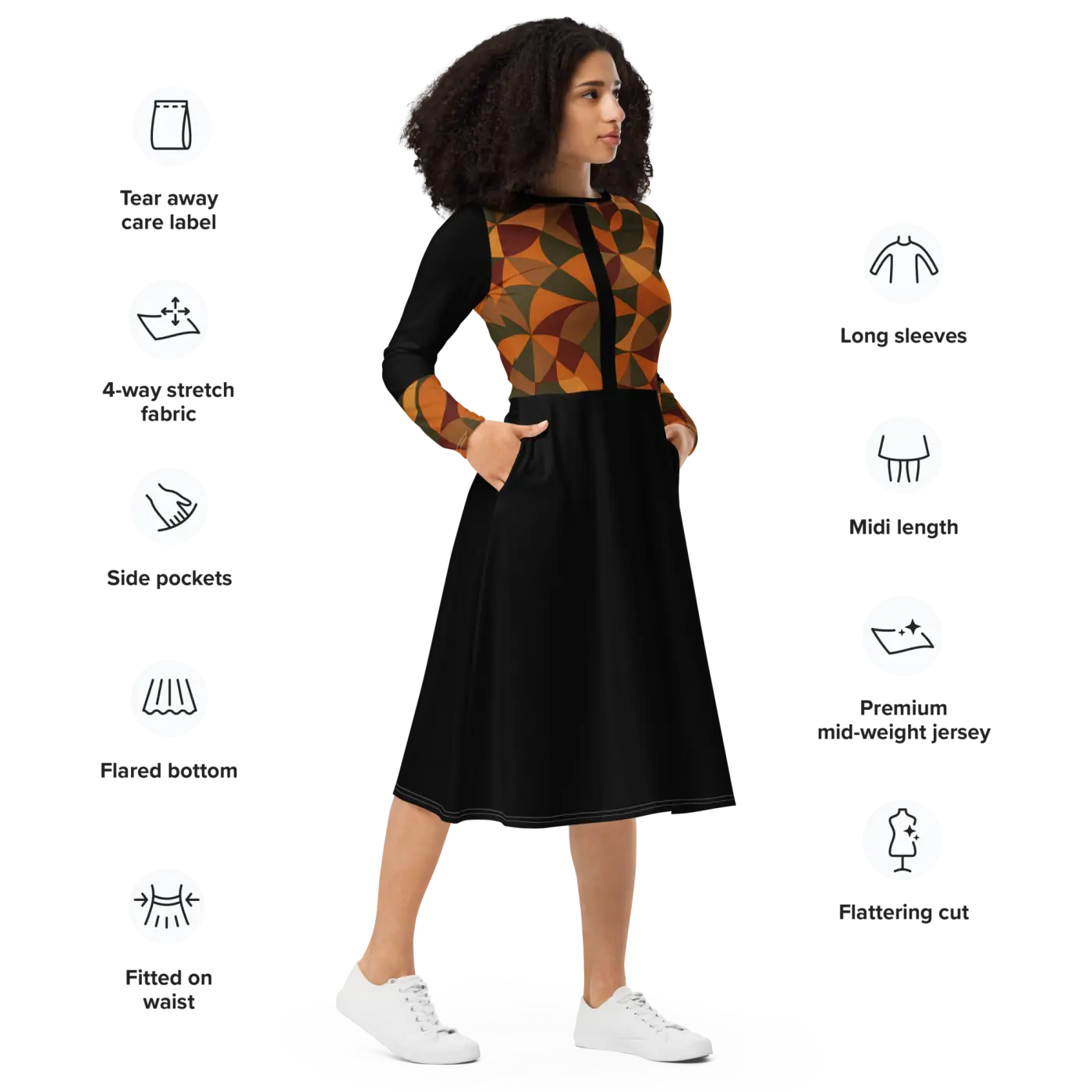 Geometric Pattern Midi Dress - Flattering Silhouette - DipaliZ