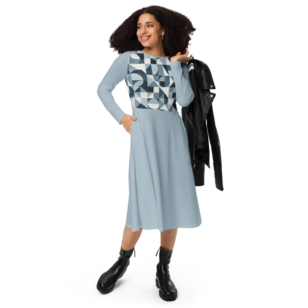 Geometric Pattern Midi Dress - Print Long Sleeve - DipaliZ