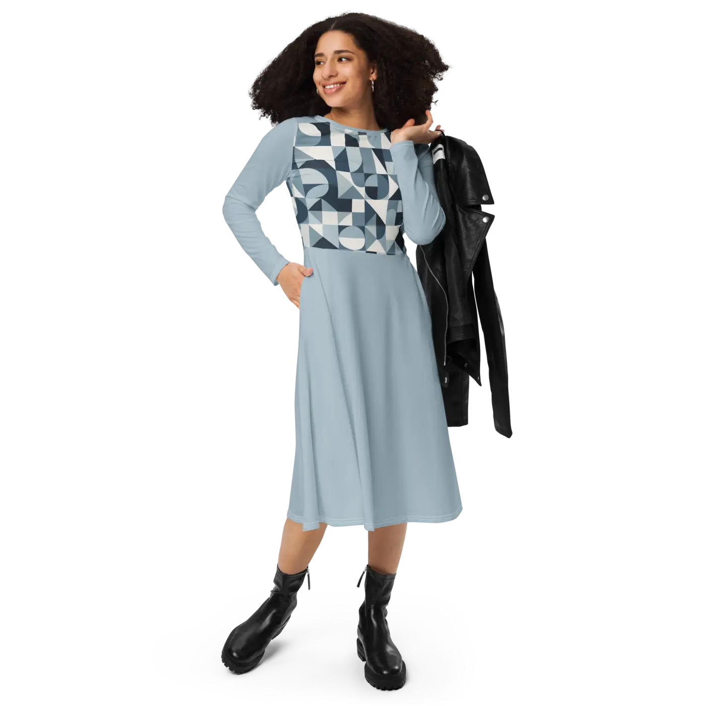 Geometric Pattern Midi Dress - Print Long Sleeve - DipaliZ