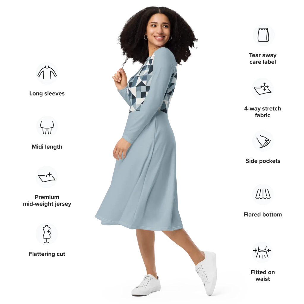 Geometric Pattern Midi Dress - Print Long Sleeve - DipaliZ